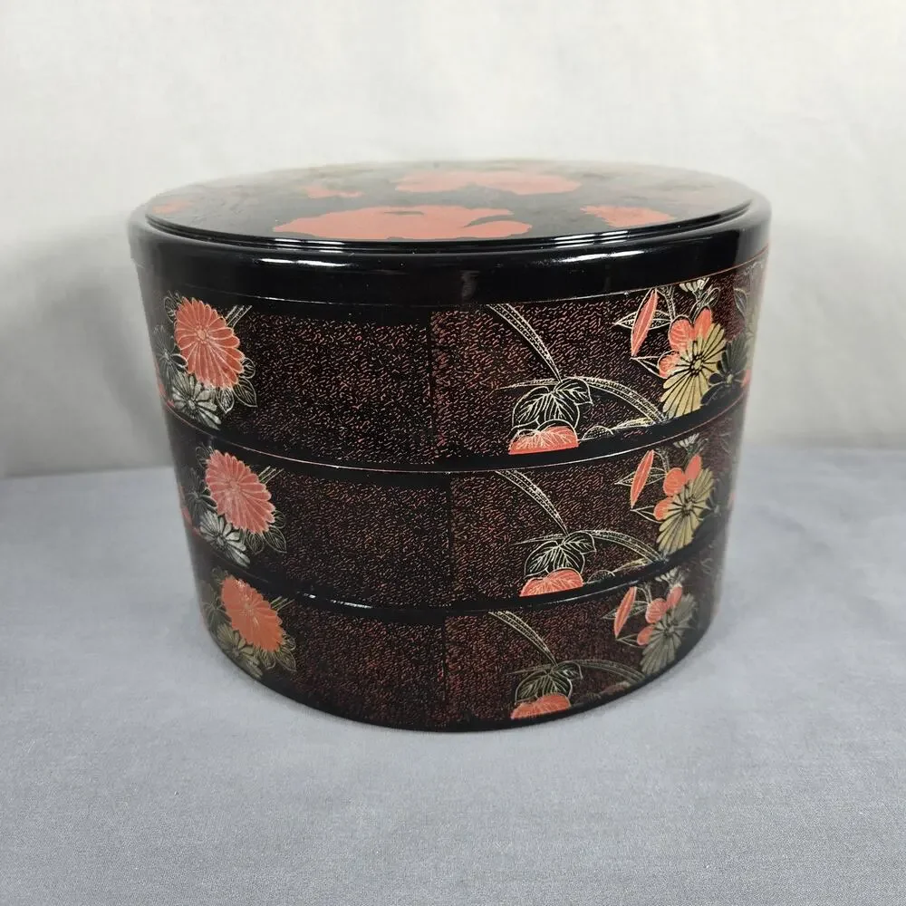 Japanese Lacquer Style Stacking Box Set Floral 3 Tier Red Black Decorative Round